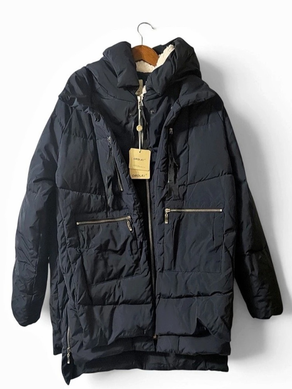 Gorpcore Orolay Down Puffer Coat Womens XL Navy Hooded Winter Parka NWT